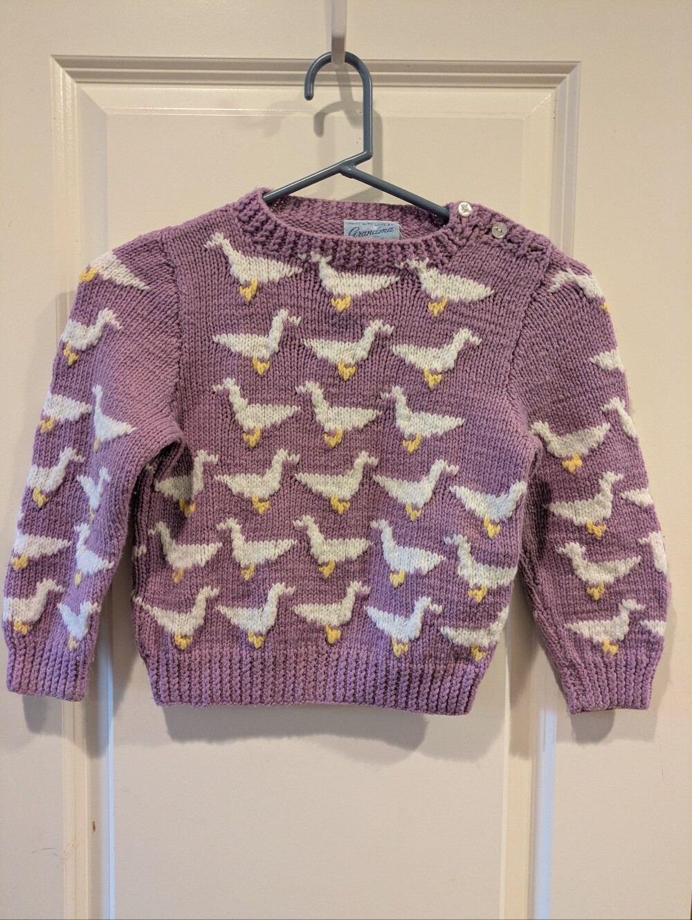 Girls' Lavender Goose Knit Sweater Size 5 with Button Shoulder Homemade Vintage